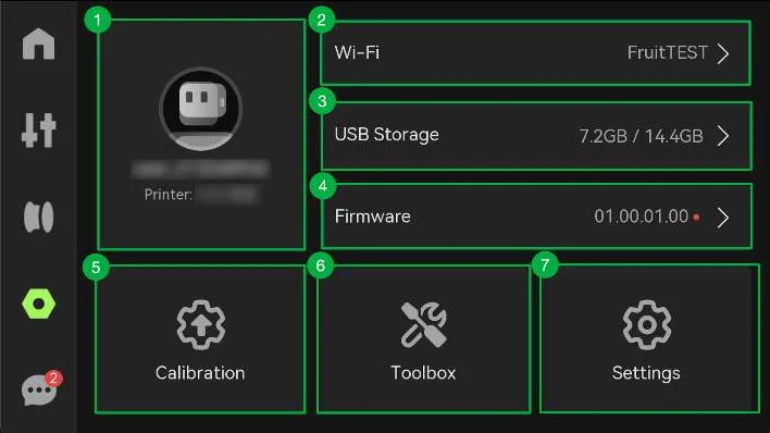 Страница «Настройки» сенсорного экрана принтера с учётной записью, Wi-Fi, USB-накопителем, прошивкой, калибровкой, набором инструментов и настройками