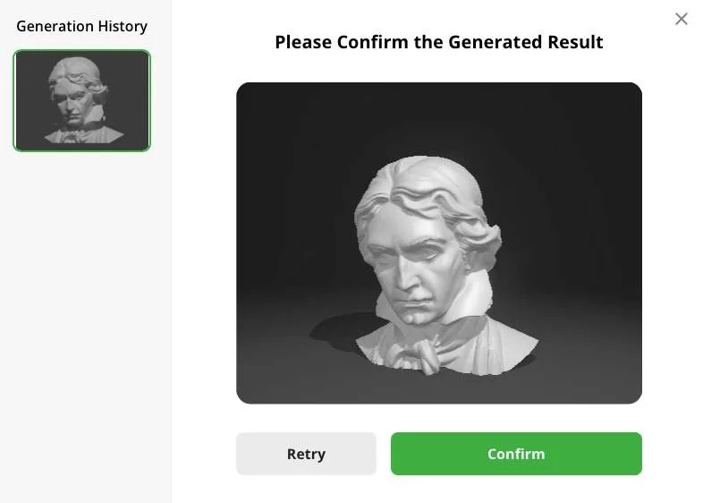 Диалоговое окно Please Confirm the Generated Result с сгенерированным бюстом, кнопками Retry и Confirm и панелью Generation History