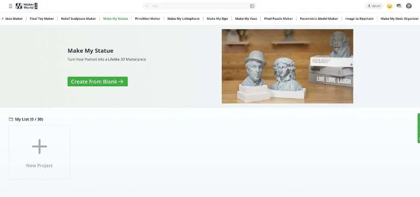 Страница инструмента Make My Statue с кнопкой Create from Blank и плиткой New Project в разделе My List