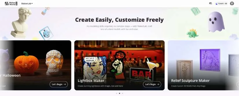 Главная страница MakerLab со слоганом Create Easily, Customize Freely и инструментами, включая Lightbox Maker и Relief Sculpture Maker