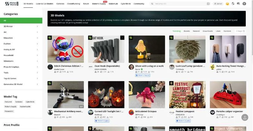 Страница 3D-моделей MakerWorld с сеткой моделей, загруженных сообществом, по разным категориям
