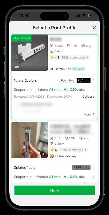 Панель «Выбор профиля печати» в Bambu Handy со списком профилей печати с указанием материала, веса, времени печати и совместимых принтеров и зелёной кнопкой «Далее»
