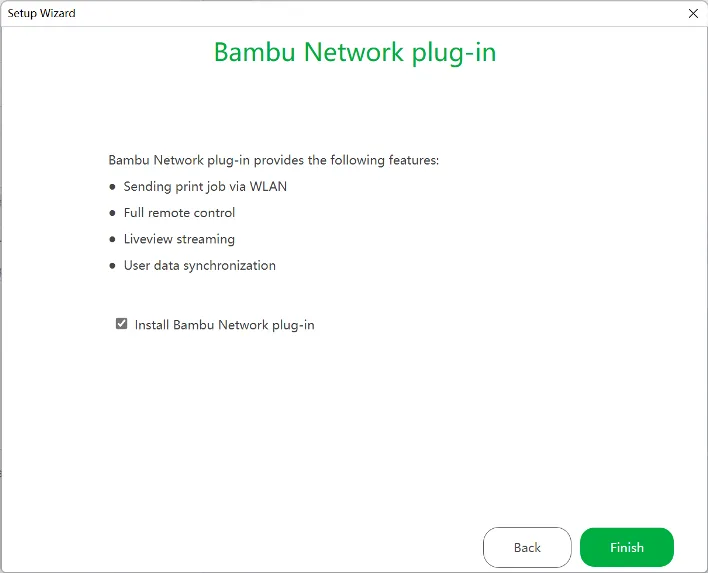 Диалоговое окно «Сетевой плагин Bambu» в Bambu Studio со списком функций — отправка задания печати по Wi-Fi, полное удалённое управление, потоковая трансляция, синхронизация пользовательских данных — с флажком «Установить сетевой плагин Bambu» и кнопками «Назад / Готово»