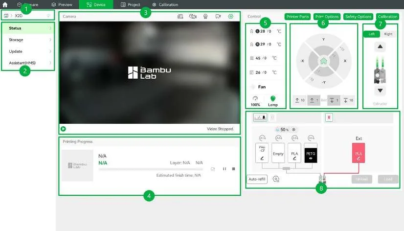 Страница «Устройство» в Bambu Studio с состоянием принтера, живым видео и панелями управления