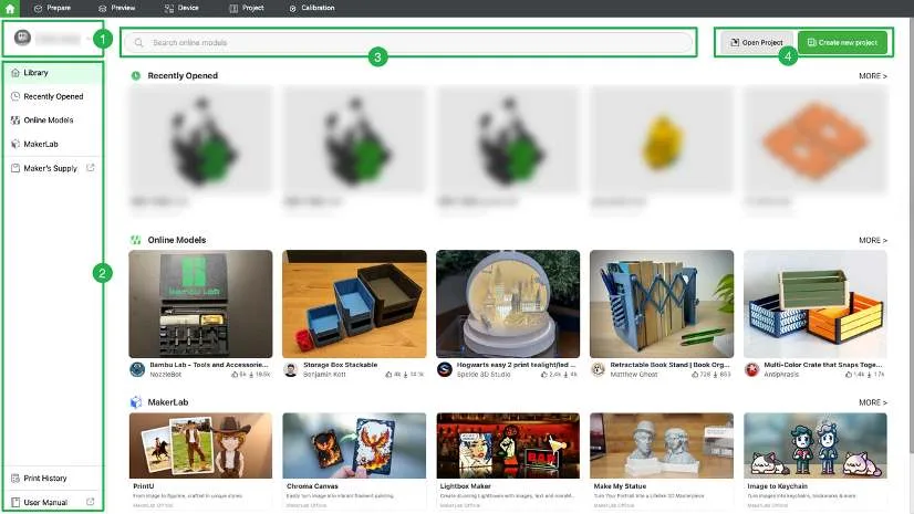 Главная страница Bambu Studio с областями учётной записи, навигации, поиска и проектов
