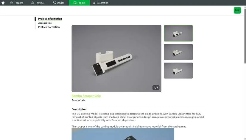 Страница «Проект» в Bambu Studio с описанием модели и необходимыми аксессуарами