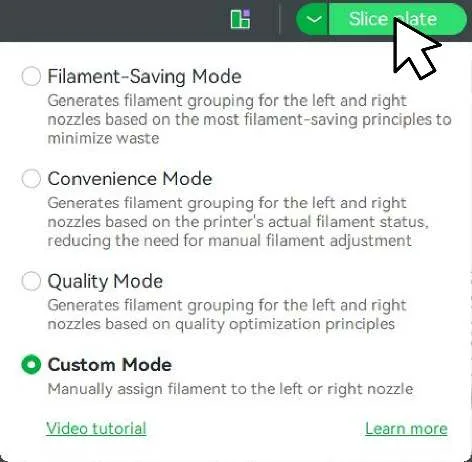 Всплывающее окно режимов группировки с выбранным Custom Mode под кнопкой Slice plate