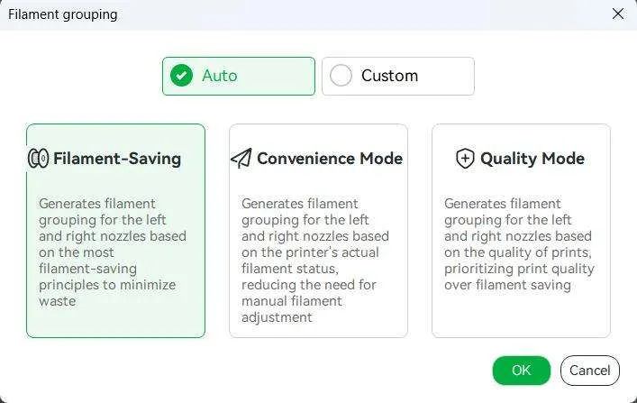Диалоговое окно группировки филаментов с вкладками Auto и Custom и карточками Filament-Saving, Convenience Mode и Quality Mode