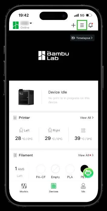 Главный экран устройства в Bambu Handy со значком меню в правом верхнем углу