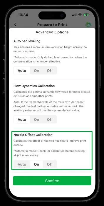 Advanced Options в Prepare to Print Bambu Handy с выделенным пунктом Nozzle Offset Calibration