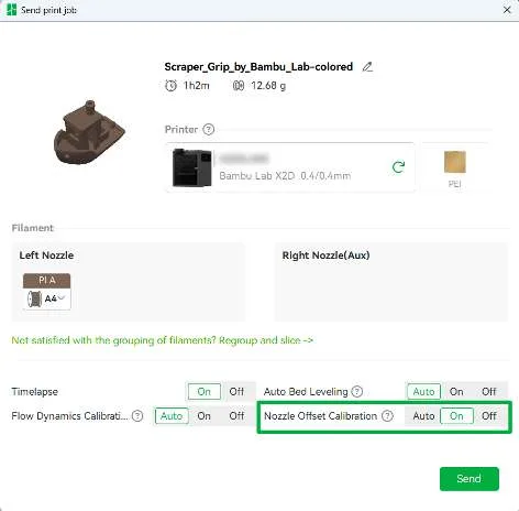 Окно Send print job в Bambu Studio с выделенной опцией Nozzle Offset Calibration