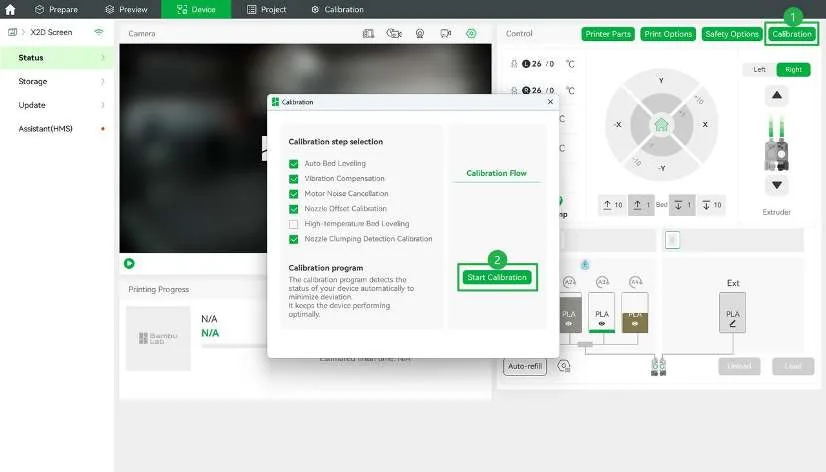 Страница Device в Bambu Studio с открытым диалоговым окном Calibration, показывающим выбор шагов и кнопку Start Calibration