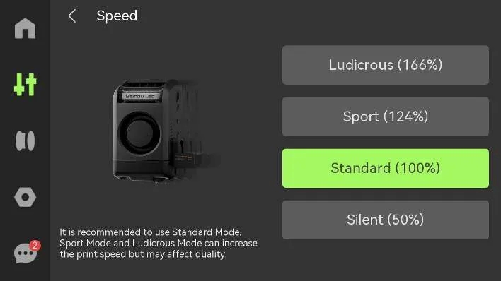 Экран выбора скорости с режимами Ludicrous, Sport, Standard и Silent