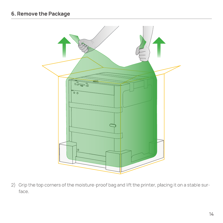 Lifting the printer out by the moisture-proof bag