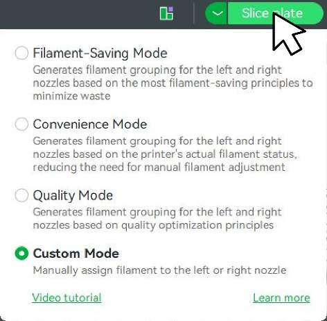 Всплывающее окно режимов группировки с выбранным Custom Mode под кнопкой Slice plate