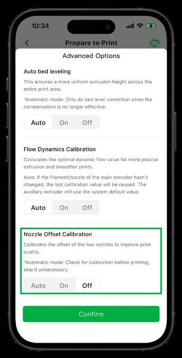 Advanced Options в Bambu Handy с параметром Nozzle Offset Calibration в положении Off