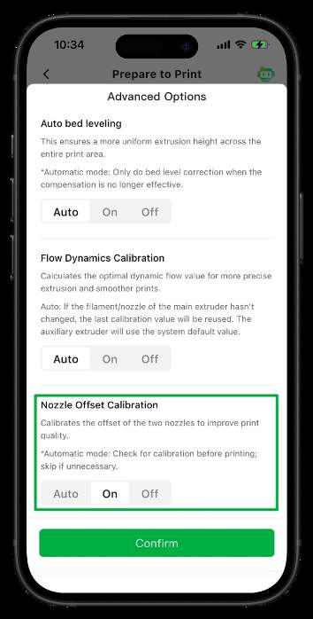 Advanced Options в Prepare to Print Bambu Handy с выделенным пунктом Nozzle Offset Calibration